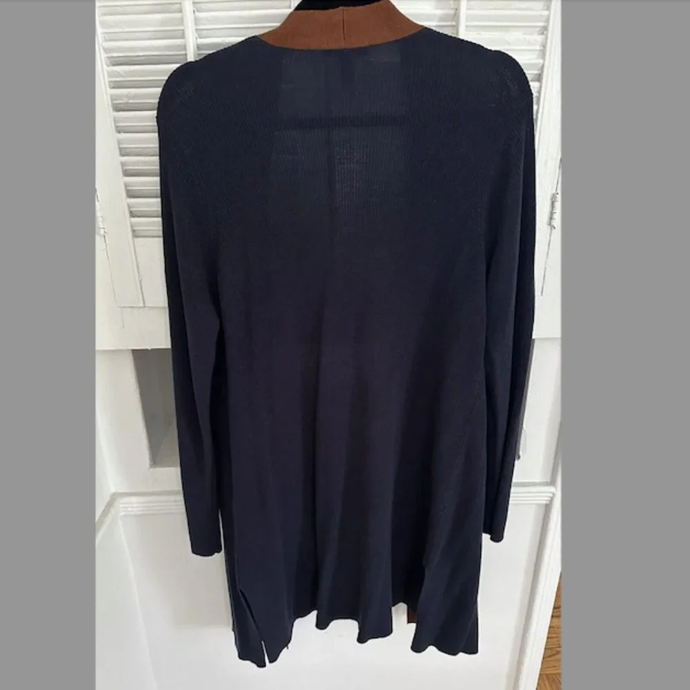 NWT Eileen Fisher Long Open Cardigan Navy/Brown Stripe - Petite Large ($… - Picture 4 of 5